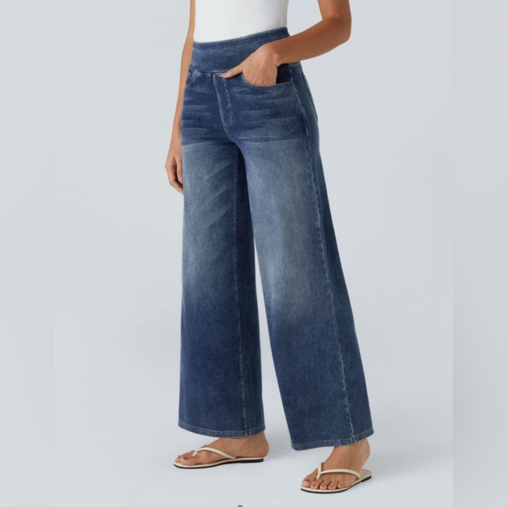 HALARA Women's Wide Leg Flare Jeans - Washed Blue Denim